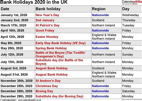 holiday list of 2020